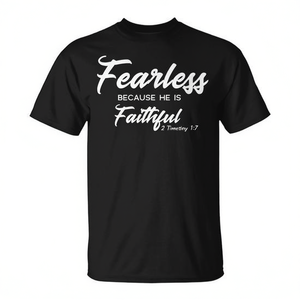Camiseta con cita cristiana Fearless Because He Is Faithful, color negro, 100% algodón, cuello redondo, manga corta, para hombre, adulto - Product Image 3