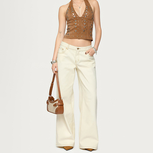 Jeans da Donna Personalizzati OEM in <span class=keywords><strong>Ecru</strong></span> Bianco con Cuciture a Contrasto e Gamba Dritta per Primavera Estate - Product Image 1