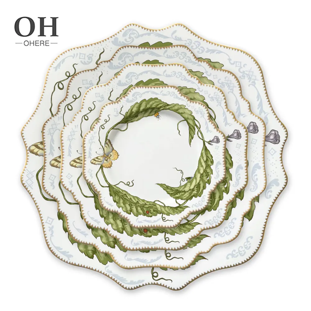 Элегантный керамический обеденный набор с зелеными листьями подсолнуха, свадебная обеденная тарелка с золотым ободком, высококачественный фарфоровый набор посуды