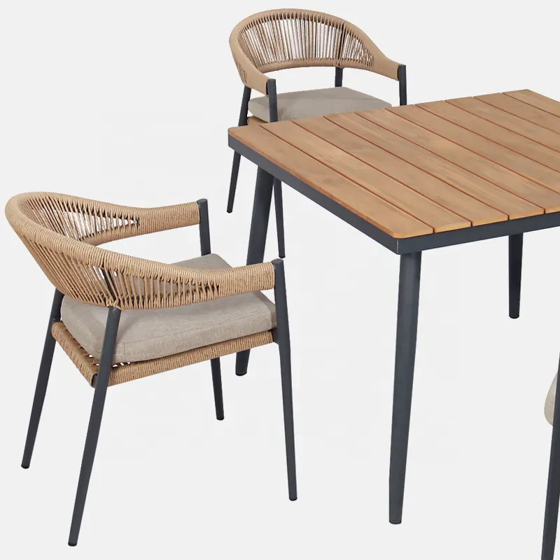 Mobilier de patio européen Table carrée en bois plastique pour le jardin et chaises de salle à manger en corde