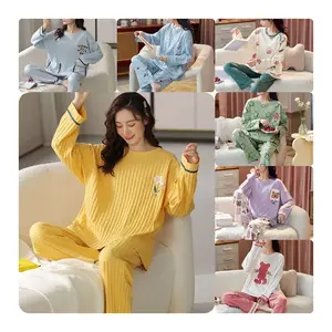Autumn Women's Pajamas Milk Silk Printing Comfortable Home Wearround Neck Long Sleeve 2 Piece Pajama Sets inventory