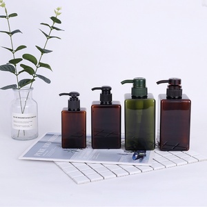 Bouteille de shampooing en plastique PET carrée vide de 250, 450 et 650 ml, transparente, marron et verte, pour liquides et lotions - Product Image 6