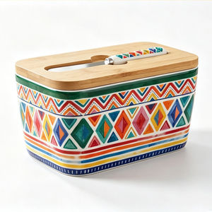 Beurrier en céramique vintage peint à la main avec couvercle et couteau, beurrier rectangulaire pour beurre, confiture, fromage - Product Image 5