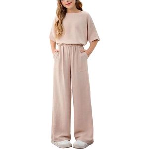 FOXA Girl's 2 Piece <b>Linen</b> Summer Outfit Oversize Half Sleeve <b>Top</b> Wide Leg Pants Casual Breathable Women's Set - Product Image 1