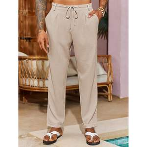 2025 Men's Casual Tapered <b>Chino</b> Pants 100% Cotton <b>Elastic</b> <b>Waist</b> Drawstring Loose Fit Anti-Wrinkle Zipper Decoration Size XL - Product Image 1