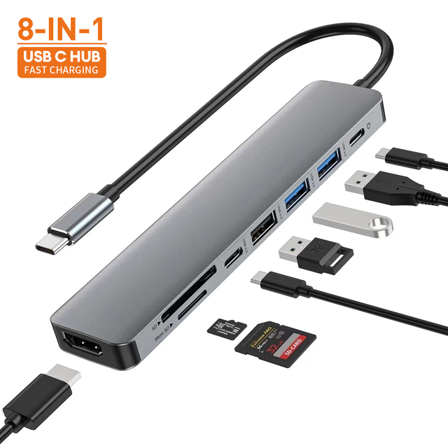 USB C Hub 8 in 1 with HD-MI USB3.0 USB2.0 SDHC TF Card 8 Port Multifunction Support All Type c Channel Docking Station