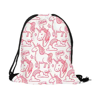 Pabrik harga murah lucu unicorn Gril tas 3D digital printing tas serut anak Unicorn serut ransel saku