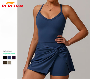 Robe de tennis pour femmes avec bretelles croisées au dos, haute élasticité, sans manches, col en V, respirante, vêtements de sport, logo personnalisé, robe de yoga, robe de golf - Product Image 2