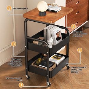 Metal Trolley Wheels Standing Type Living Room Snack Storage Rack <b>Sofa</b> <b>Side</b> <b>Table</b> Movable Bedside Storage Cabinet Double Tier - Product Image 3