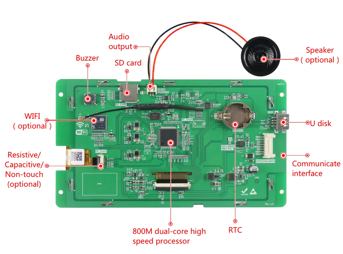 DACAI UART LCD מודול מותאם אישית קטן מגע מסך lcd תצוגת 7 אינץ 800x480 נקודות מגע קיבולי פנל tft lcd
