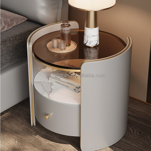 Modern Round Nightstand with Glass Top and Marble <b>Shelf</b> White Storage Drawer Bedroom Furniture - Product Image 3