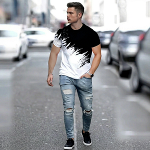 Men's Black <b>White</b> Abstract Print Short Sleeve T-Shirt Regular Fit O-Neck Casual Knitted 100% Cotton Quick Dry Breathable Top - Product Image 1