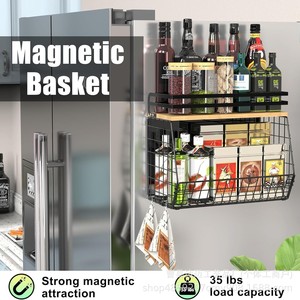 Iron Wood Combined Magnetic Storage Basket With Spice Rack For Kitchen Counter Fruit <b>Vegetable</b> Organizer - Product Image 4