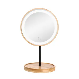 Fabrication de miroirs de maquillage ronds led lumineux table cosmétique miroir intelligent support miroir de vanité avec cadre inférieur en bambou pour femme