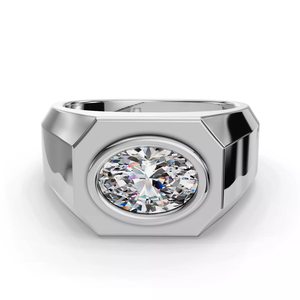 Anillo de declaración para hombre de oro blanco macizo de 14K personalizado con diamante de laboratorio de 1 quilate de corte ovalado, engaste seguro en bisel, acabado pulido, joyería. - Product Image 1