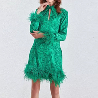 Mini robes à manches longues vertes pour femmes, doublure en A, OEM, personnalisé, entièrement imprimé, garniture en plumes, décontractées