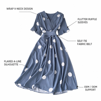 Robe midi portefeuille ceinturée à pois, tissée, à taille naturelle, avec logo personnalisé, marque privée, faible MOQ, OEM ODM, vente en gros, directement de l'usine