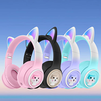 Headphone Nirkabel Anak Motif Telinga Kucing Lucu dengan Lampu LED RGB, Headset Nirkabel Over-Ear dengan Mikrofon, Headphone Stereo Lipat untuk Anak Perempuan