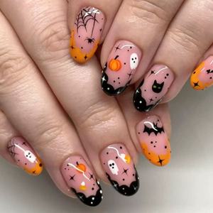 Uñas Postizas de Halloween con Diseño de Almendra, Cobertura Completa, en Rosa, Negro y Naranja, con Fantasmas, Murciélagos y Telarañas - Product Image 1