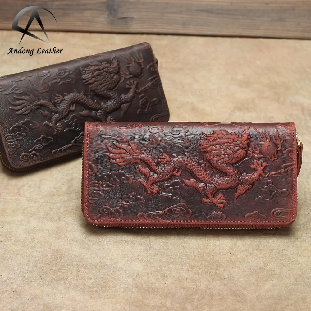 Andong Vintage Crazy Horse Leather Dragon Dập Nổi Ví Dài Cho Nam Da Bò Thật Ly Hợp Túi Đựng Thẻ Chủ Zipper Purse Man