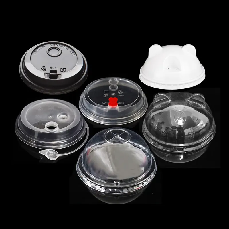 Bulk wholesale disposable cheap plastic juice milk tea cup PET lid dome lid clear cap with hole