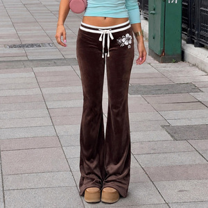 Pantalon évasé en velours pour femme, taille basse, cordon de serrage, coupe cloche, patchwork floral, style décontracté streetwear, idéal pour l'été, écoresponsable - Product Image 1