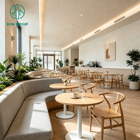 Juego de Muebles de Restaurante Modernos Personalizados Ron Group, Mesa Redonda de Madera, Silla de Madera Maciza, Asientos de Tela Gris en Forma de L