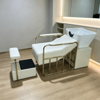 Fauteuil de lavage de luxe pour salon de coiffure, avec cadre doré et cuir PU blanc
