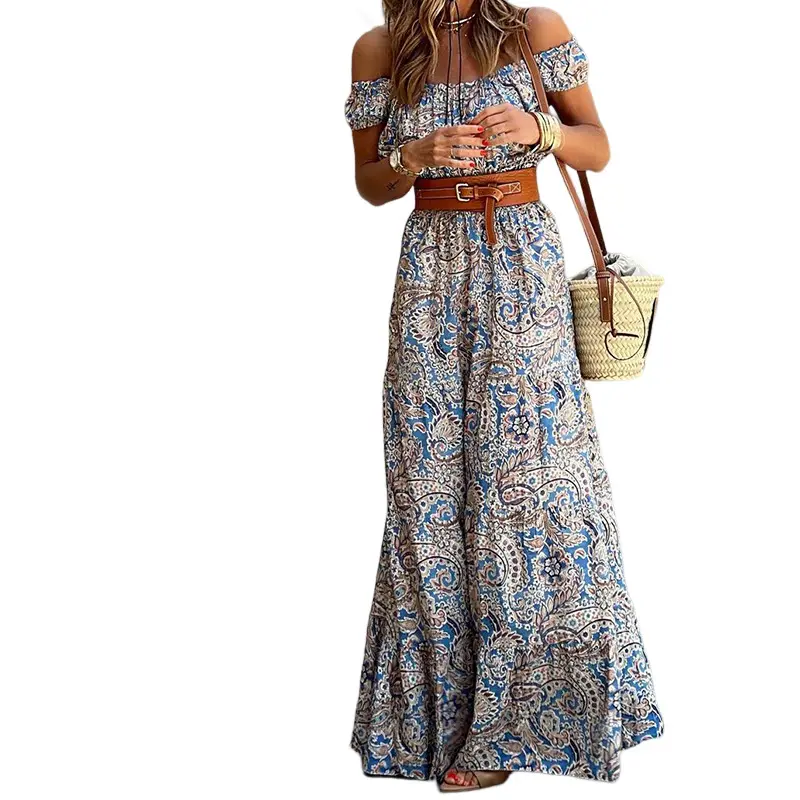 2024 Women Short Sleeve Deep V-Neck Casual Long Dress Pleated High Waist Maxi Dresses Hawaiian Beach Maxi Dress