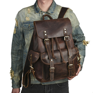 Genuine <b>Leather</b> <b>Backpack</b> Men <b>Large</b> Capacity 36-55L Outdoor Travel Business Use Solid Color Crazy Horse <b>Leather</b> - Product Image 2