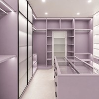 Lemari Pakaian Mewah Custom, Kabinet Ruang Ganti Kayu dengan Pintu Geser Kaca Ganda, Lemari Pakaian Lavender Inspo