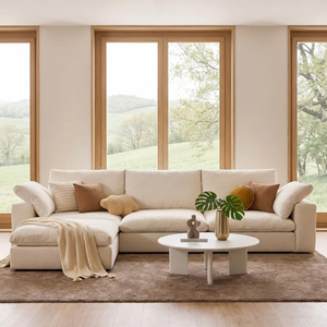 Sofá Seccional de Tres Plazas Tapizado en Tela Chenille Color Gris Crema, Estilo Villa, Cuadrado, Sellado al Vacío, Tamaño Estándar, Tipo Nube - Product Image 1