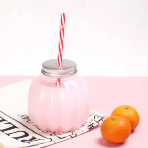 500 ml 16 oz Empty Plastic Pumpkin Shaped Plastic Bottle with Straws Fruit Bottle For KIDS Party For Summer Tropical