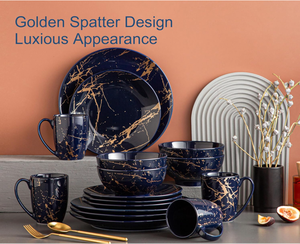 ชุดอาหารค่ำเซรามิกสีน้ำเงินกรมท่าลายหินอ่อนทอง 16 ชิ้น ชุดจาน ชาม แก้วน้ำ สำหรับ 4 ที่ หรูหรา สำหรับครัว โรงแรม ร้านอาหาร งานแต่งงาน ขายส่ง - Product Image 5