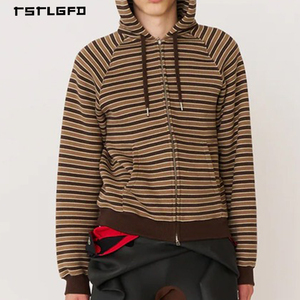Sudadera con capucha y cremallera completa a rayas personalizada para hombre, con patrón <span class=keywords><strong>de</strong></span> rayas finas y puños acanalados en tonos tierra, para marca <span class=keywords><strong>de</strong></span> ropa <span class=keywords><strong>de</strong></span> etiqueta privada - Product Image 1