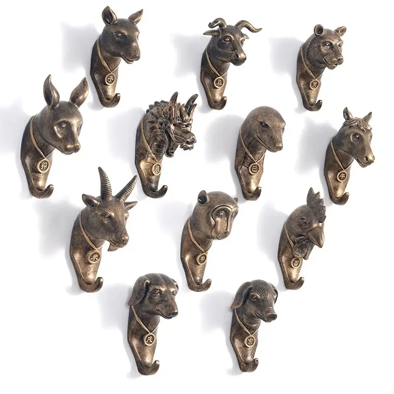 Messing Haak Muur Jas Haken, Messing Chinese Zodiac Animal Hoofd Haken Voor Muur Home Decoratie