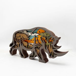 Uionen Nuevo Adorno de Rinoceronte Tallado en Madera, Escultura de Animal Hecha a Mano, Decoración para el Hogar, Oficina, Escritorio, Regalo Artesanal - Product Image 3