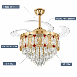 Ventilateur de plafond en cristal avec lumière, pales rétractables, moteur DC 6 vitesses, LED dimmable 3 couleurs, télécommande, pour hôtel et salle à manger - Product Image 3