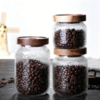 Pot de conservation en verre borosilicate avec couvercle hermétique en bois, capacité 400-1000 ml, en verre martelé, pour grains de café, thé, sucre