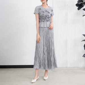 Ensemble décontracté 2 pièces élégant et solide longueur cheville pour femmes Jupe plissée brodée à manches courtes - Product Image 6