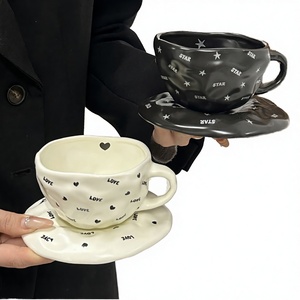 Vintage Ceramic Coffee <b>Mug</b> Saucer Set Unique Home Use Afternoon Tea Gift <b>Box</b> for Women Minimalist Black White <b>Mug</b> Party - Product Image 3