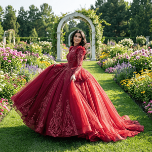 Robe de bal de Quinceañera Jxs10 bordeaux scintillante, robe de mariée sans manches avec appliques, longueur ras du sol, traîne chapelle, pour mère de la mariée - Product Image 1