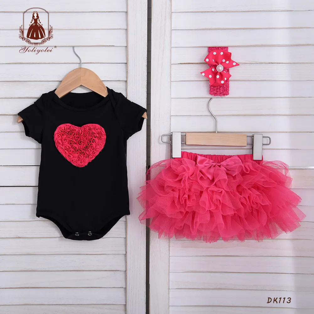 3 Stuks 1 Jaar Pasgeboren Baby Kleding Sets Rood Hart Patroon Zwarte Baby Rompertjes Roze Tutu Jurk Baby Meisjes Romper met Headha