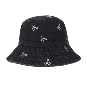 Washed Denim Bucket Hat With Pink <b>Bow</b> For Women Summer Sun Protection Hat <b>Large</b> Head Circumference - Product Image 5