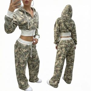 Conjunto de 2 piezas de camuflaje para mujer al por mayor TKAN925D, precio bajo, sudadera con capucha corta de manga larga con cremallera y pantalones de chándal acanalados, chándal Y2K - Product Image 1