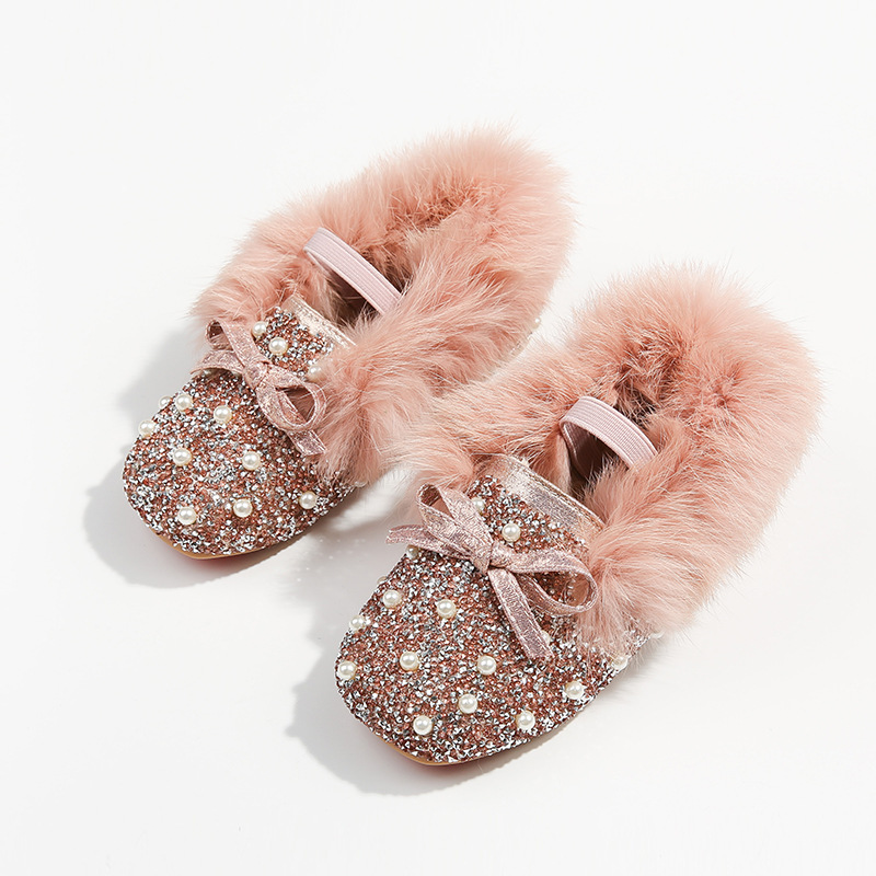 Girls slippers set foot warm and velvet comfortable peas slippers, home slippers for external wear