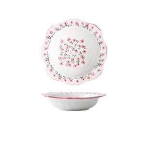 Assiette à soupe florale rose de 9 pouces en gros, assiette à salade de fruits en céramique fraîche et élégante, assiette en céramique de style japonais pour usage domestique. - Product Image 2