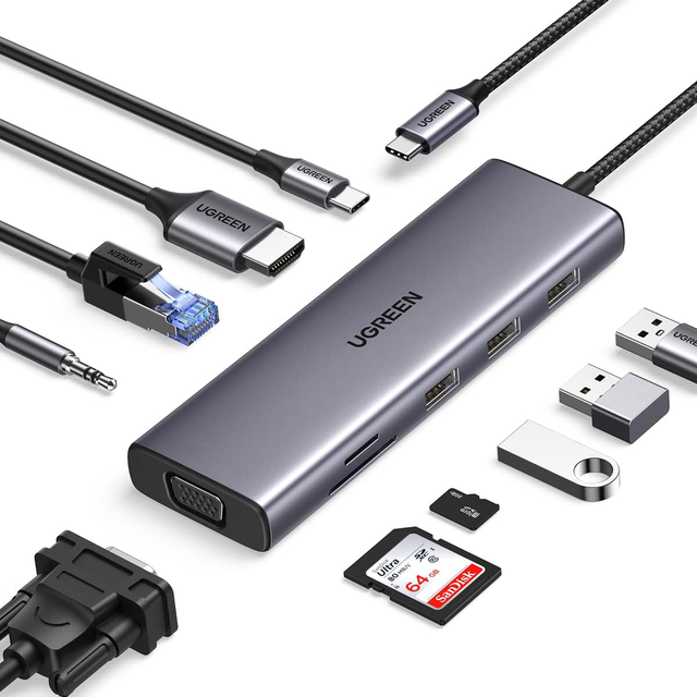 UGREEN USB C Hub, 10-in-1 USB-C Dongle with 4K-HDMI & VGA Dual Monitor,1Gbps Ethernet,100W PD,3 USB 3.0 Ports,3.5mm Audio Jack