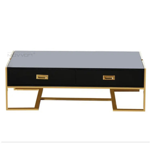 Services de conception personnalisés gratuits <span class=keywords><strong>Table</strong></span> basse moderne en MDF blanc et noir à finition brillante avec tiroirs Pieds en acier inoxydable <span class=keywords><strong>doré</strong></span> - Product Image 4