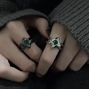 Cheap Popular Korean Jewelry Women Cool Hip-hop Street Style Personalized Alloy Silver Black Zircon Flower Adjustable Ring